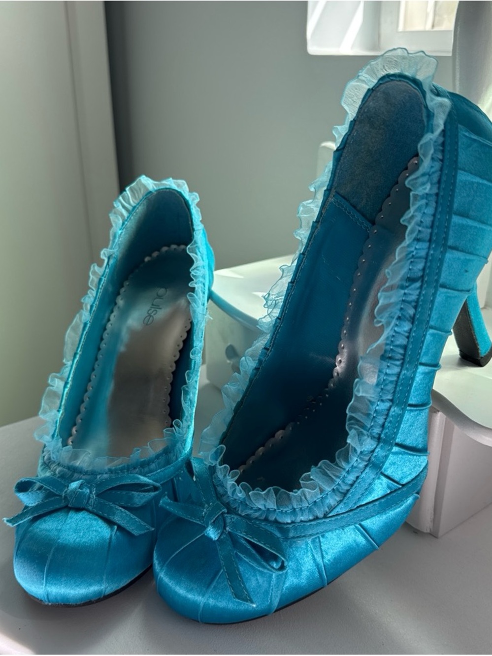 Pulse Turquoise/ Blue Satin Heels with Ruffle Trim